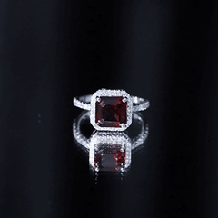 Natural 8mm Garnet Asscher Cut Engagement Ring with Diamond Halo