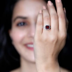 Natural 8mm Garnet Asscher Cut Engagement Ring with Diamond Halo