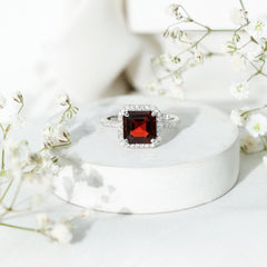 Natural 8mm Garnet Asscher Cut Engagement Ring with Diamond Halo