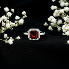 Natural 8mm Garnet Asscher Cut Engagement Ring with Diamond Halo
