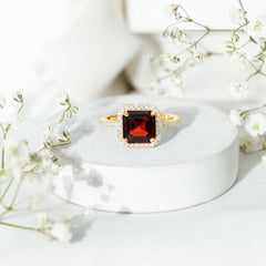 Natural 8mm Garnet Asscher Cut Engagement Ring with Diamond Halo