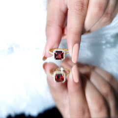 Natural 8mm Garnet Asscher Cut Engagement Ring with Diamond Halo