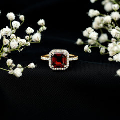Natural 8mm Garnet Asscher Cut Engagement Ring with Diamond Halo