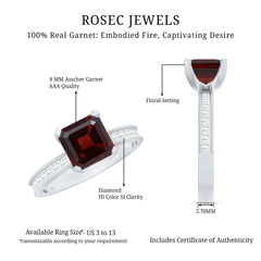Natural 8mm Asscher Cut Garnet Engagement Ring with Diamond Side Stones