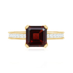 Natural 8mm Asscher Cut Garnet Engagement Ring with Diamond Side Stones