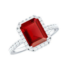 Lab Created Emerald Cut Ruby Engagement Ring with Diamond Halo