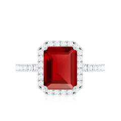 Lab Created Emerald Cut Ruby Engagement Ring with Diamond Halo