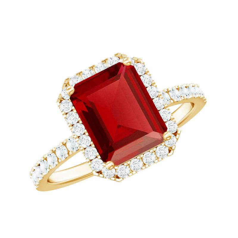 Lab Created Emerald Cut Ruby Engagement Ring with Diamond Halo