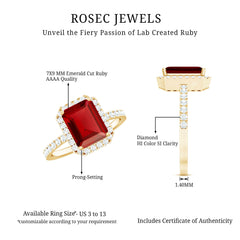 Lab Created Emerald Cut Ruby Engagement Ring with Diamond Halo