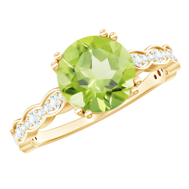 Real 2 Carat Peridot Solitaire Engagement Ring with Diamond Side Stones