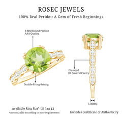 Real 2 Carat Peridot Solitaire Engagement Ring with Diamond Side Stones