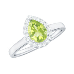 Real 1 Carat Peridot Teardrop Engagement Ring with Diamond Halo