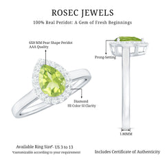 Real 1 Carat Peridot Teardrop Engagement Ring with Diamond Halo