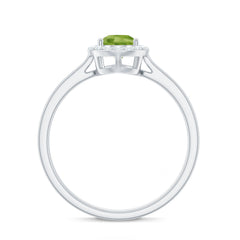 Real 1 Carat Peridot Teardrop Engagement Ring with Diamond Halo