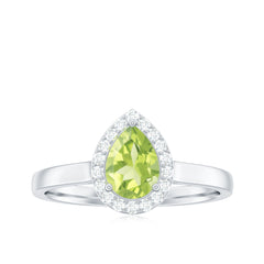 Real 1 Carat Peridot Teardrop Engagement Ring with Diamond Halo