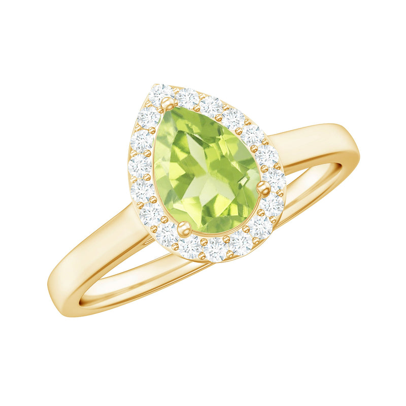 Real 1 Carat Peridot Teardrop Engagement Ring with Diamond Halo