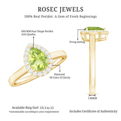 Real 1 Carat Peridot Teardrop Engagement Ring with Diamond Halo