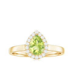 Real 1 Carat Peridot Teardrop Engagement Ring with Diamond Halo