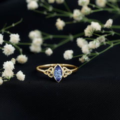 Natural Bezel Set Marquise Tanzanite Promise Ring with Celtic Knot
