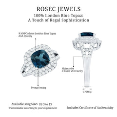 Real 8mm Cushion Cut London Blue Topaz Double Halo Engagement Ring with Moissanite