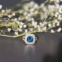 Real 8mm Cushion Cut London Blue Topaz Double Halo Engagement Ring with Moissanite