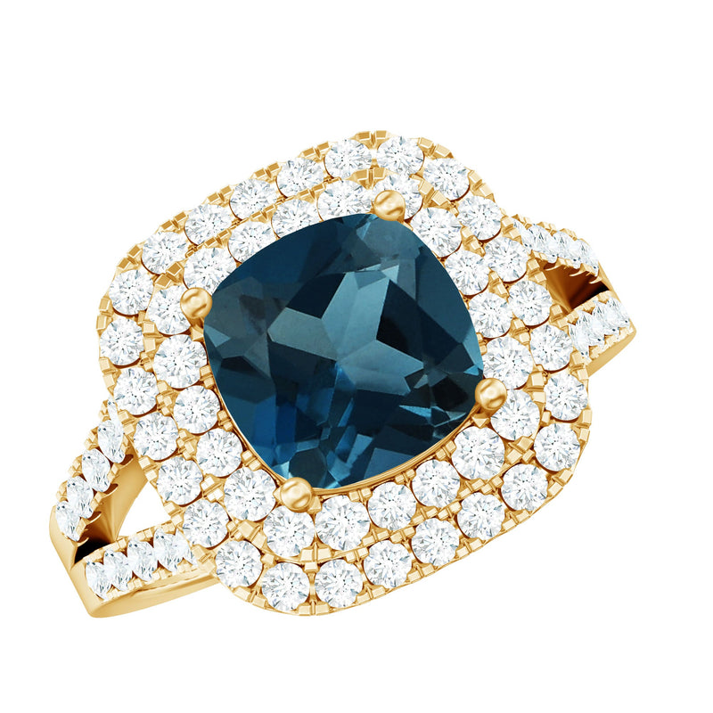 Real 8mm Cushion Cut London Blue Topaz Double Halo Engagement Ring with Moissanite