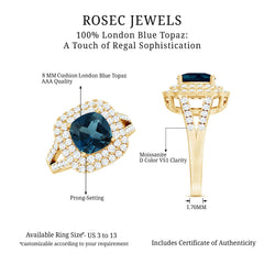 Real 8mm Cushion Cut London Blue Topaz Double Halo Engagement Ring with Moissanite