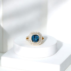 Real 8mm Cushion Cut London Blue Topaz Double Halo Engagement Ring with Moissanite