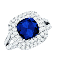 2.7 Carat Cushion Cut Lab Grown Blue Sapphire Engagement Ring with Double Halo