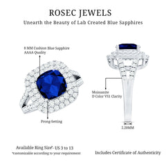 2.7 Carat Cushion Cut Lab Grown Blue Sapphire Engagement Ring with Double Halo