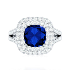 2.7 Carat Cushion Cut Lab Grown Blue Sapphire Engagement Ring with Double Halo