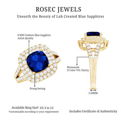 2.7 Carat Cushion Cut Lab Grown Blue Sapphire Engagement Ring with Double Halo