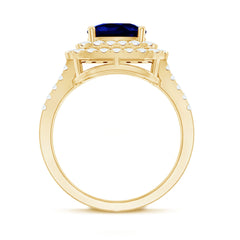 2.7 Carat Cushion Cut Lab Grown Blue Sapphire Engagement Ring with Double Halo