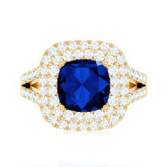2.7 Carat Cushion Cut Lab Grown Blue Sapphire Engagement Ring with Double Halo