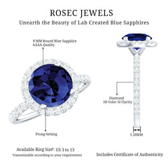 8 mm Round Lab Created Blue Sapphire Classic Engagement Ring with Diamond Halo