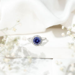 8 mm Round Lab Created Blue Sapphire Classic Engagement Ring with Diamond Halo