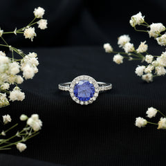8 mm Round Lab Created Blue Sapphire Classic Engagement Ring with Diamond Halo