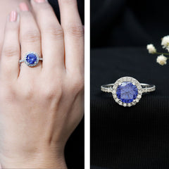 8 mm Round Lab Created Blue Sapphire Classic Engagement Ring with Diamond Halo