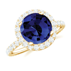 8 mm Round Lab Created Blue Sapphire Classic Engagement Ring with Diamond Halo