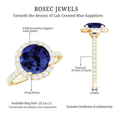 8 mm Round Lab Created Blue Sapphire Classic Engagement Ring with Diamond Halo