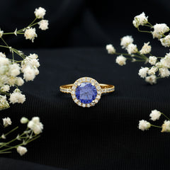 8 mm Round Lab Created Blue Sapphire Classic Engagement Ring with Diamond Halo