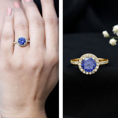 8 mm Round Lab Created Blue Sapphire Classic Engagement Ring with Diamond Halo