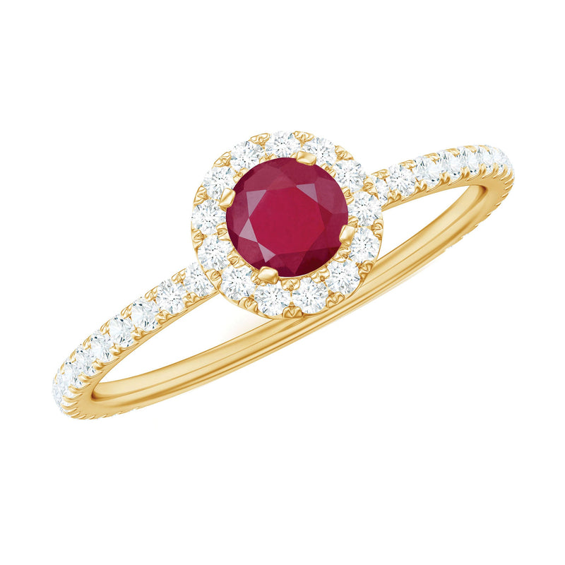 Minimal Ruby Engagement Ring with Diamond Halo