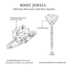 Certified Moissanite 10 MM Round Cut Engagement Ring