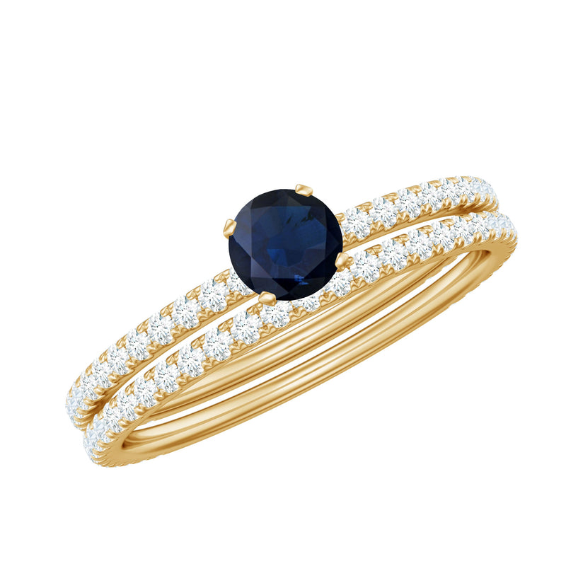 Blue Sapphire Bridal Ring Set (0.95 CT) with Diamond Bands
