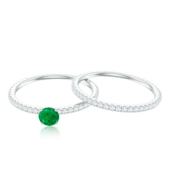 Minimal Emerald Diamond Wedding Engagement Ring Set of 2