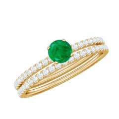 Minimal Emerald Diamond Wedding Engagement Ring Set of 2