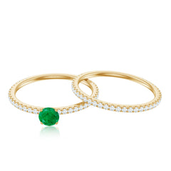 Minimal Emerald Diamond Wedding Engagement Ring Set of 2