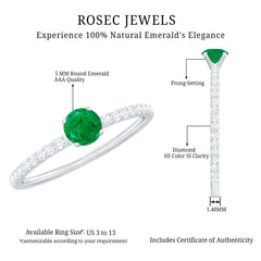 4 MM Emerald Dainty Solitaire Ring with French Pave Set Diamond