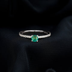 4 MM Emerald Dainty Solitaire Ring with French Pave Set Diamond